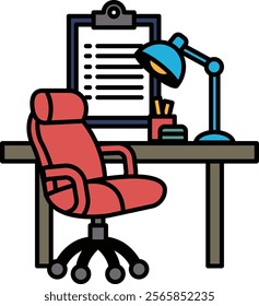 A red chair sits in front of a desk with a clipboard and a lamp. The clipboard has a list of items on it, and the lamp is turned on. Concept of productivity and organization