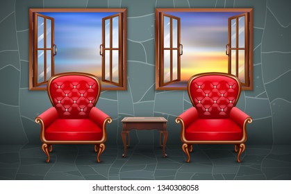 red chairs in the marble room