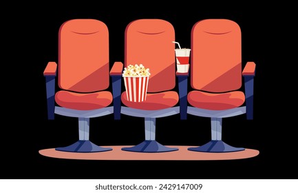 Red chairs, popcorn and soda for watching a movie. Movie ticket. Isolated on white background. Horizontal banner in flat style. Vector illustration