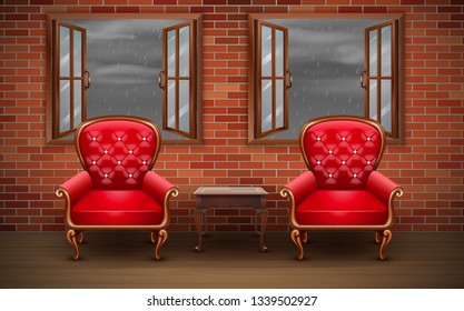 red chairs at windows in the rain