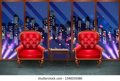red chairs and wooden table in the living room in the city in the night