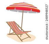 A red chaise longue under a striped umbrella . A sunny beach scene with a sun lounger and a large umbrella. Illustrated vector clipart.