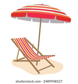 A red chaise longue under a striped umbrella . A sunny beach scene with a sun lounger and a large umbrella. Illustrated vector clipart.