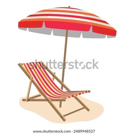 A red chaise longue under a striped umbrella . A sunny beach scene with a sun lounger and a large umbrella. Illustrated vector clipart.