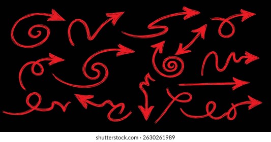 Red chalk arrow scribbles set - hand drawn doodle swirls, curves, pointers pack. 