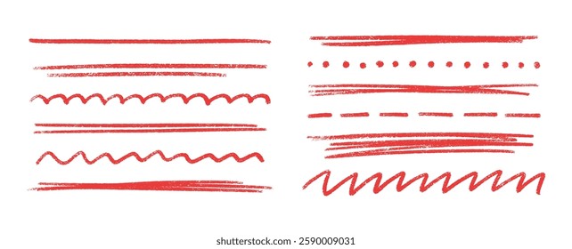 Red chalk crayon line collection - straight strokes, dotted rows, wavy patterns, zigzag marks with grunge textured surface. Hand drawn underline elements for design emphasis or decorative borders.