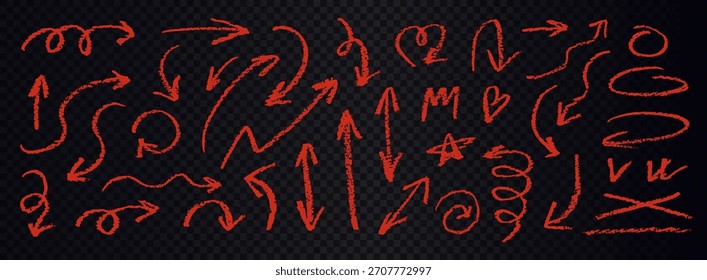 Red chalk hand drawn arrows set. Dynamic doodle arrows in various directions on transparent background. - Powered by Shutterstock - Get 15% off with code: PIKWIZARD15