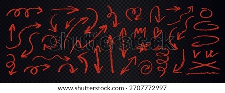 Red chalk hand drawn arrows set. Dynamic doodle arrows in various directions on transparent background.