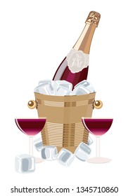 Red champagne bottle with two crystal wine glasses in an ice bucket, sparkling wine, celebratory drink, birthday drink,  vector illustration.