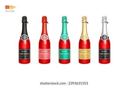 Red Champagne Bottles Set. Champagne with Label Merry Christmas and Happy New Year 2024. Realistic Bottles of Sparkling Wine with Labels in Red, Gold, Green, Black, Silver colors. 3d Vector graphics