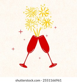 red champagne coupe, New Year's Eve party with champagne toast and confetti, Champagne Toast, Wine Glass, bottle silhouette Cricut cut files, celebration, Vector illustration, hand drawn New year wine