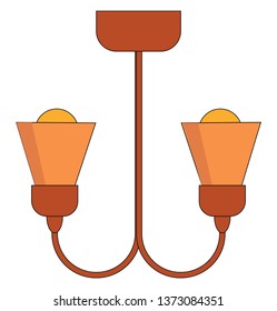 A red chandelier with two yellow bulbs hanging from the ceiling vector color drawing or illustration 