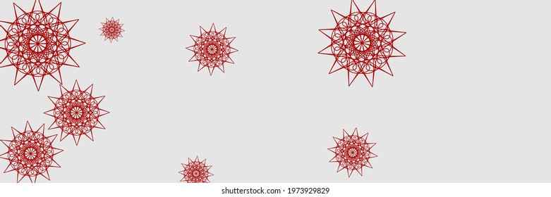 Red Chaotic Horizontal White Mandala Illustration. Santa Winter Bright Santa Composition. Stars Silver Print New Year Snow Pattern. Grey Christmas Ornamental Snowflakes Holiday Sky Background.