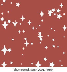 Red Chaotic Mystery Night Santa Illustration. Print Holiday Stars Four-pointed Retro Pattern. Christmas Sharp Winter Snow Color Wallpaper. Sky New Year White Bright Magic Background.