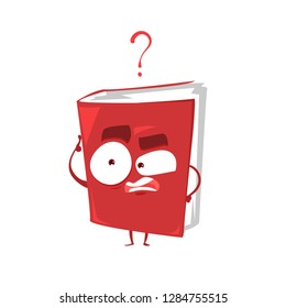 Red character of book with question, vector flat cartoon illustration isolated on white background
