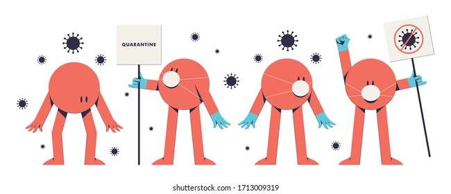Caracteres rojos con banner aislado en una ilustración de material vectorial de fondo blanco. Basta de coronavirus adorable ilustración con personajes rojos con máscara médica y guantes.