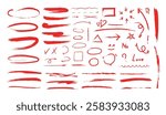 Red charcoal ovals, arrows and lines strokes different forms. Set of design elements on white background. Brush elements for notes and underlining in text