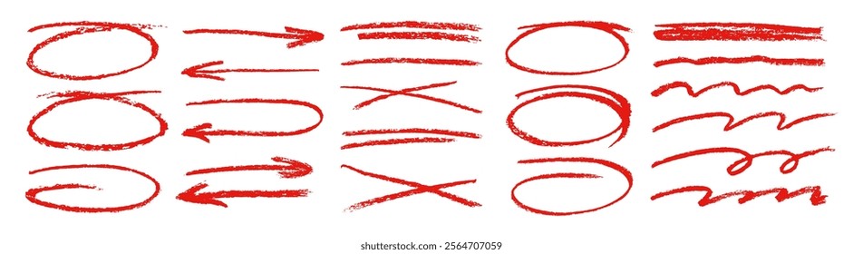 Red charcoal ovals, arrows and lines strokes different forms. Set of design elements on white background.Rough charcoal elements. Brush elements for notes and underlining in text