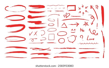 Red charcoal ovals, arrows and lines strokes different forms. Set of design elements on white background. Brush elements for notes and underlining in text