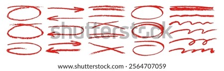 Red charcoal ovals, arrows and lines strokes different forms. Set of design elements on white background.Rough charcoal elements. Brush elements for notes and underlining in text