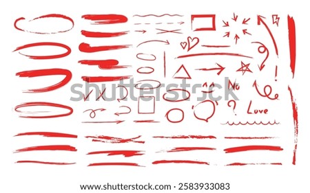Red charcoal ovals, arrows and lines strokes different forms. Set of design elements on white background. Brush elements for notes and underlining in text