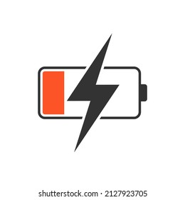 Red charging battery icon isolated flat design vector illustration on white background.