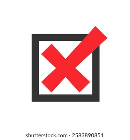Red check cross in a checkbox icon. Vector.