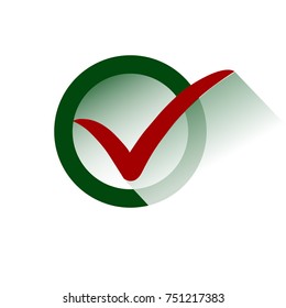 Red Check Mark in Green Round Box. Modern Flat Design with Shadow. Vector Illustration