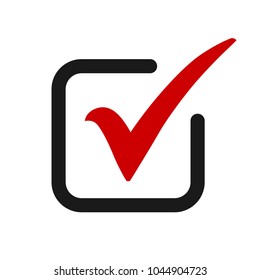 Red check mark icon in a black rounded box. Tick symbol in red color, vector illustration.