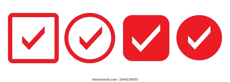Icono de marca de verificación roja. Insignia verificada, conjunto de símbolos de verificación. Ilustración de marca de verificación sobre fondo blanco. Icono rojo de la marca de verificación y aprobado, ícono de aceptar. Ilustración vectorial.