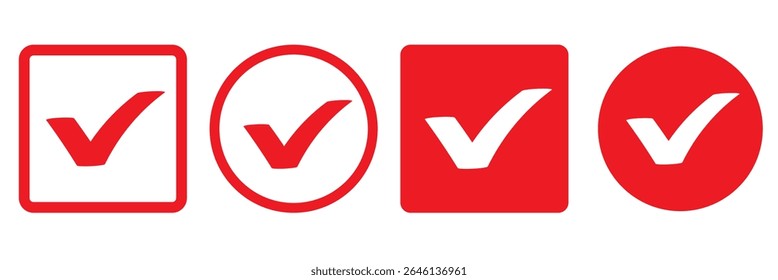 Icono de marca de verificación roja. Insignia verificada, conjunto de símbolos de verificación. Ilustración de marca de verificación sobre fondo blanco. Icono rojo de la marca de verificación y aprobado, ícono de aceptar. Ilustración vectorial.