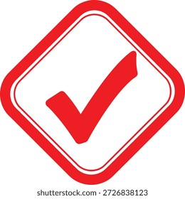 Marca de verificación roja dentro de una forma de diamante delineado rojo sobre un fondo blanco tick correcto