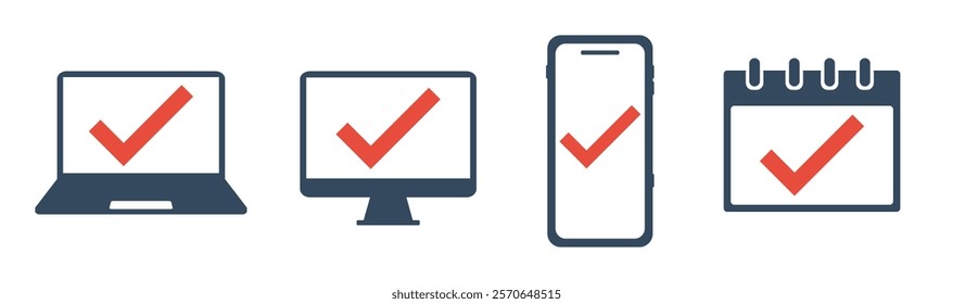 red check mark, laptop icon, computer screen sign, smartphote symbol, calendar pictogram