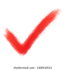 Red check mark sign addition icon. Drawing created in ink sketch watercolor grungy texture handmade technique. Hand made vector illustration clip-art design element 10 eps.