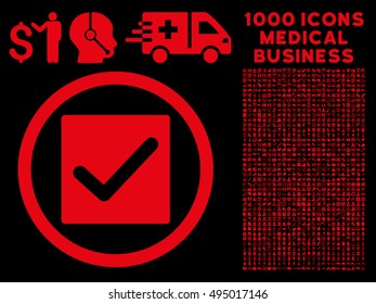Red Check vector rounded icon. Image style is a flat icon symbol inside a circle, black background. Bonus set contains 1000 medical business elements.