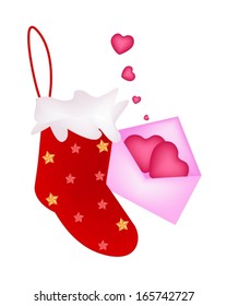 Red Checked Christmas Stocking with A Letter of Two Heart in Pink Envelope Waiting for Santa Claus is Coming on Christmas Night.  