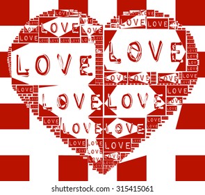 Red checkered background with abstract Love heart illustration together and abstract grunge Love words create Love heart together vector print pattern. fashion, graphic design Special valentines day