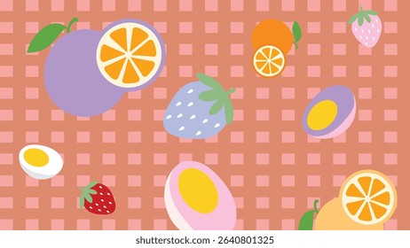 Red checkered background with strawberries, citrus slices, halved eggs, and colorful fruits in a fresh and vibrant breakfast concept.