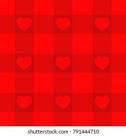 Red checkered pattern tablecloth background with hearts. Plaid fabric texture. Picnic blanket. Romantic dinner template. Happy Valentines Day. Love card. Flat design. Vector illustration