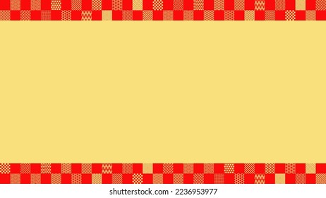 Red checkered top and bottom frames with various Japanese traditional patterns on Golden background