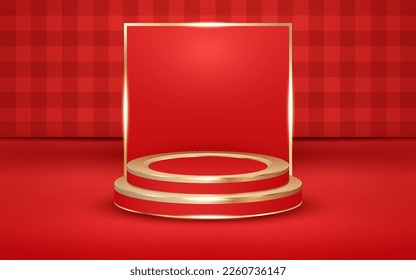 Red Checkered Valentine's Day Background with Podium and Golden Light