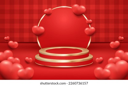 Red Checkered Valentine's Day Background with Podium and Golden Light