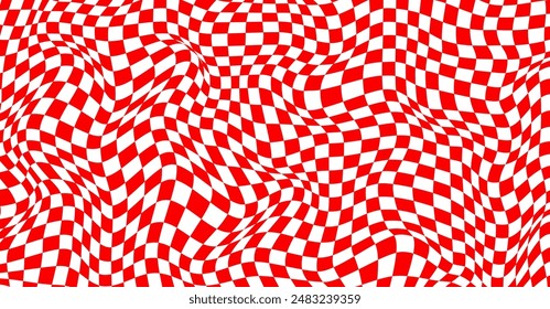 Patrón ondulado de cuadros rojos. Diseño Abstractas para el Anuncio. Fondo gráfico geométrico distorsionado. Superficie de tablero de ajedrez con efecto deformado. Patrón cuadrado de ajedrez irregular. Ilustración vectorial