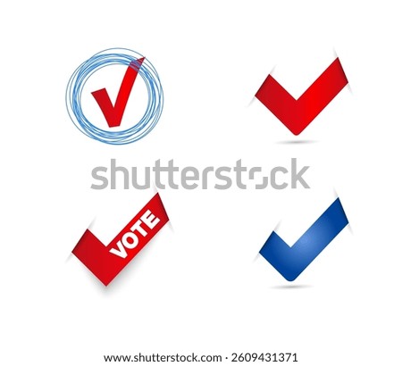 The red checkmark is a blue circle.   Elections.  the template for the election icon.  Vector design of voting symbols. Voting,