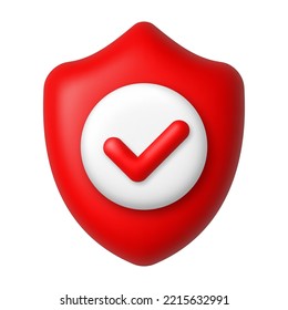 Red checkmark and shield 3d icon. Security and protection concept. 3d realistic design element. Vector illustration.