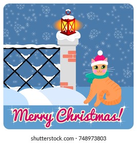 A red cheerful cat and a glowing lantern at the snow-covered fence. Christmas and New Year's illustration for a poster, postcard, flyer, invitation. Cute flat style. Vector EPS 8