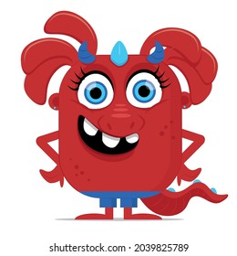 Red cheerful monster girl with blue horns. Isolated image of a cute smiling monster with ears and tail.