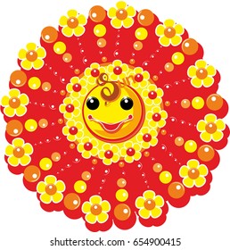 Red cheerful sun for young children for coloring pencils and paints. Happy cartoon character. Summer sun with beautiful eyes and a big smile for children's posters of labels