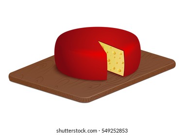 Red cheese wheel on wooden board