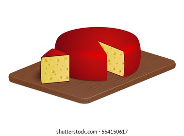 Red cheese wheel with triangle piece on wooden board